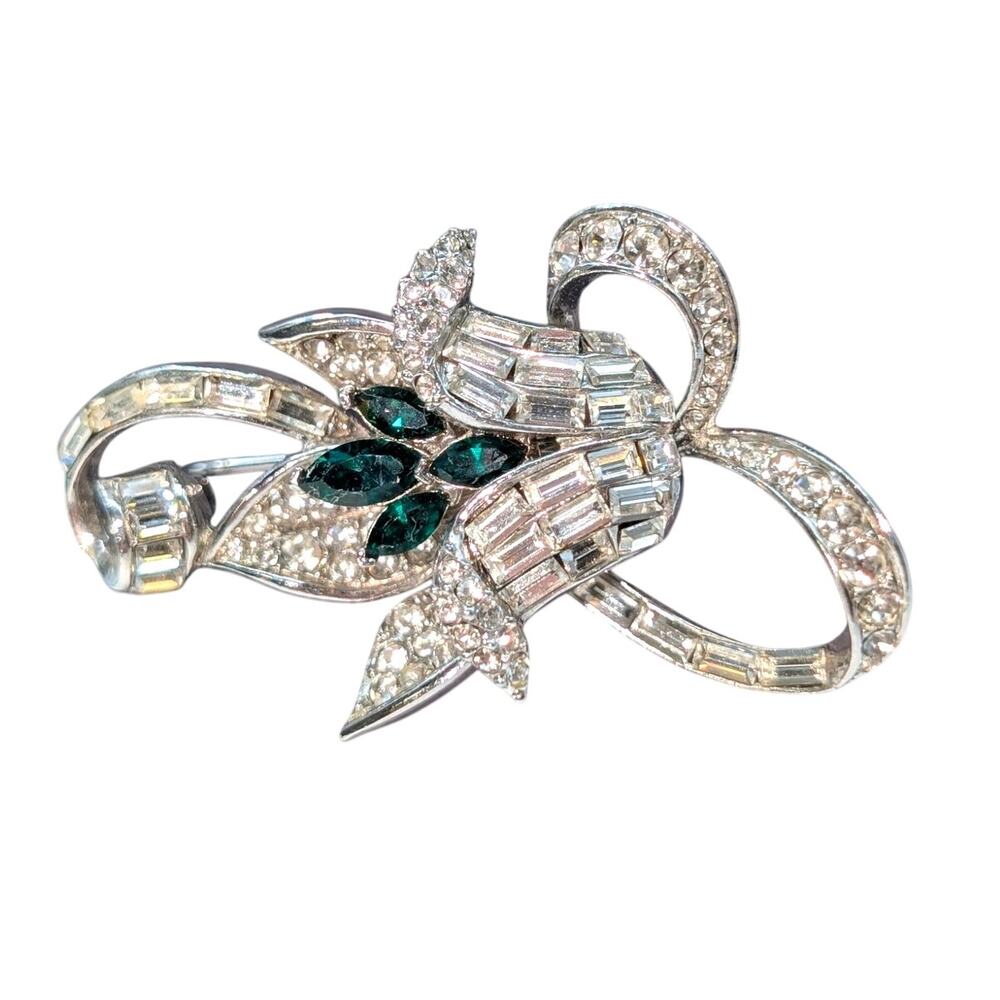Vintage Signed Atwood & Sawyer A & S Green & Clear Rhinestone Silver Tone Brooch
